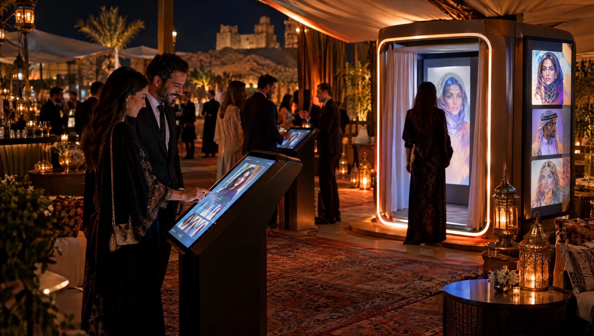 AI experience zone with interactive kiosks and avatar photo booth at the gala