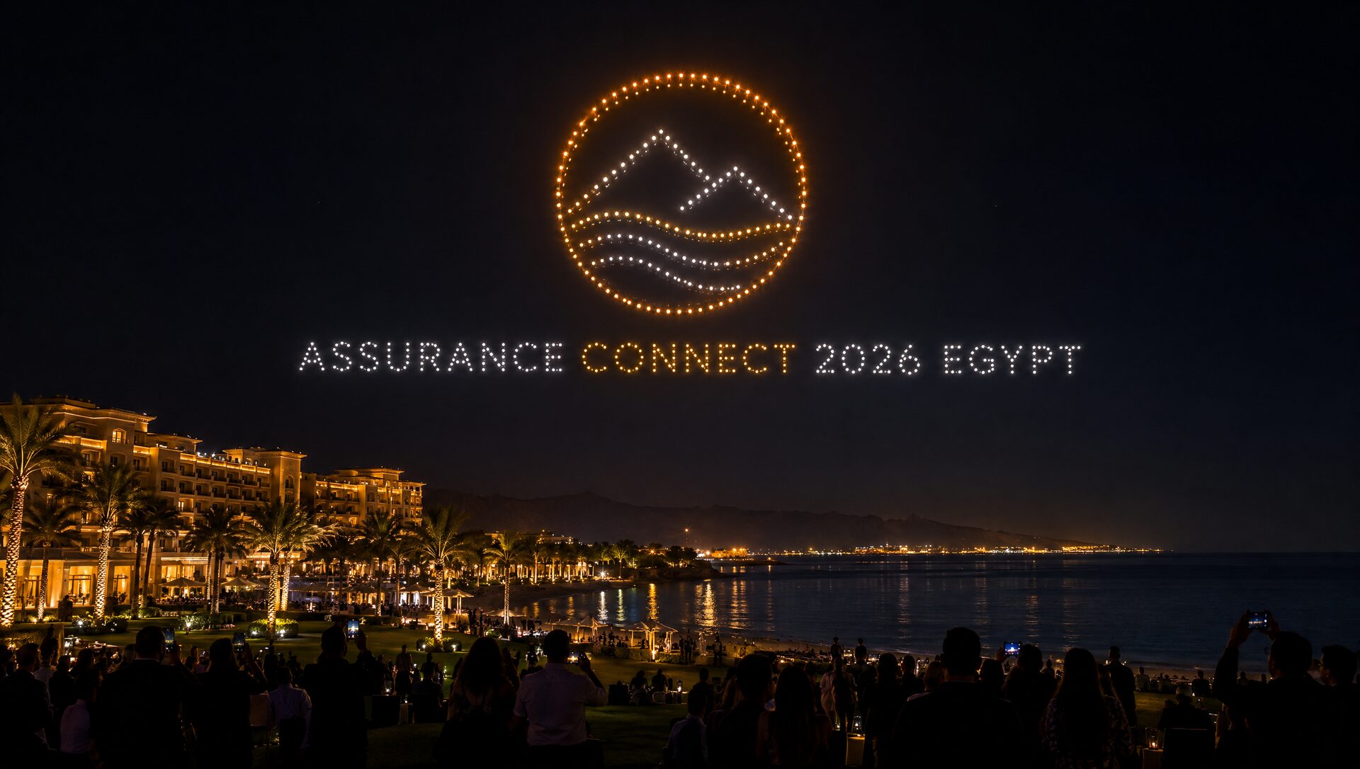 350-drone light show forming the PwC Assurance Connect 2026 Egypt logo and text formation over Sokhna