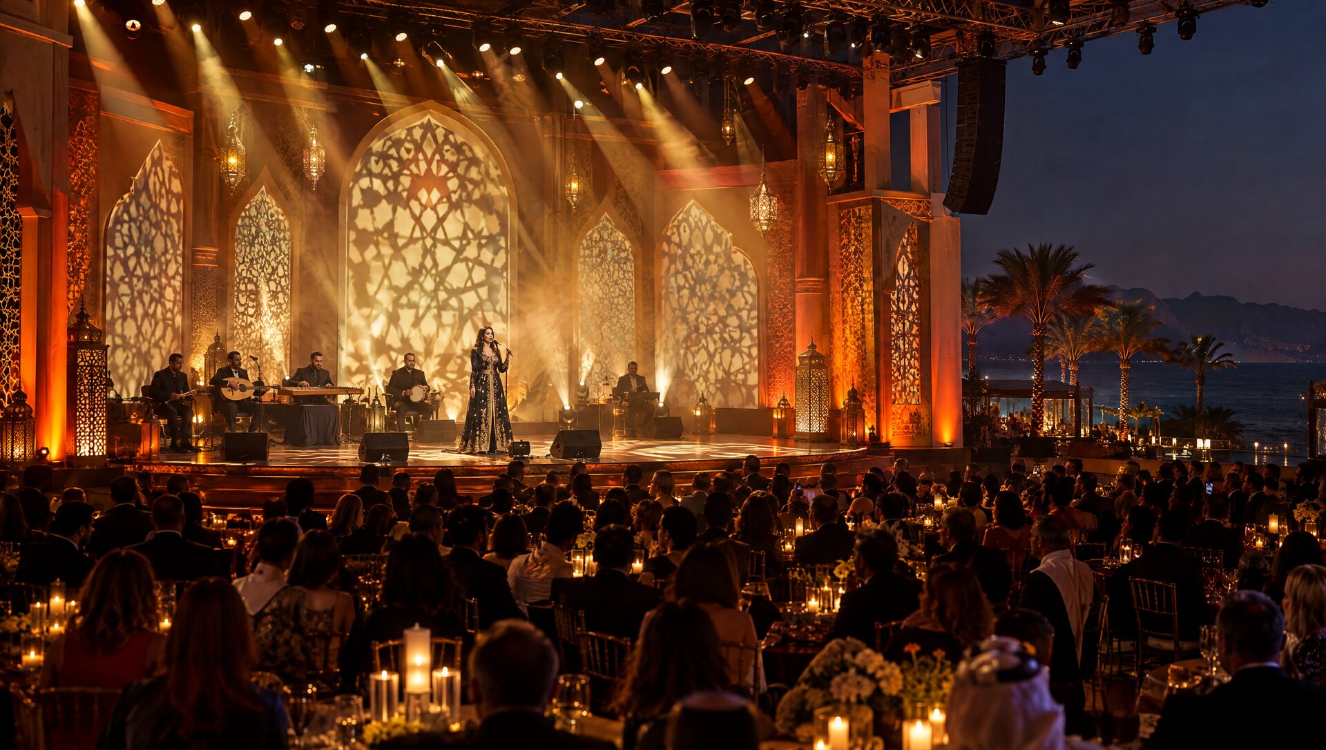 Gala stage with oriental singer and dramatic arabesque lighting design