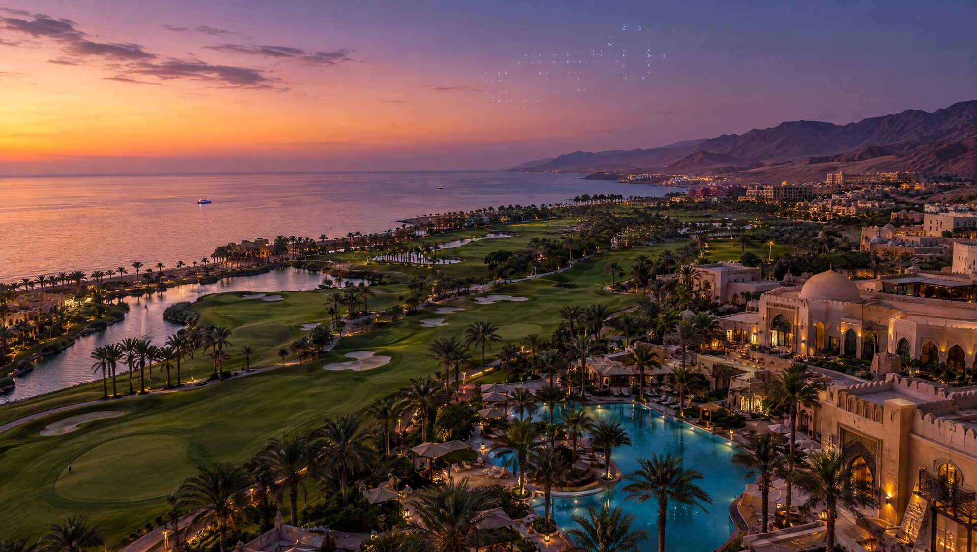 Twilight aerial view of the resort's golf course and coastline, Sokhna